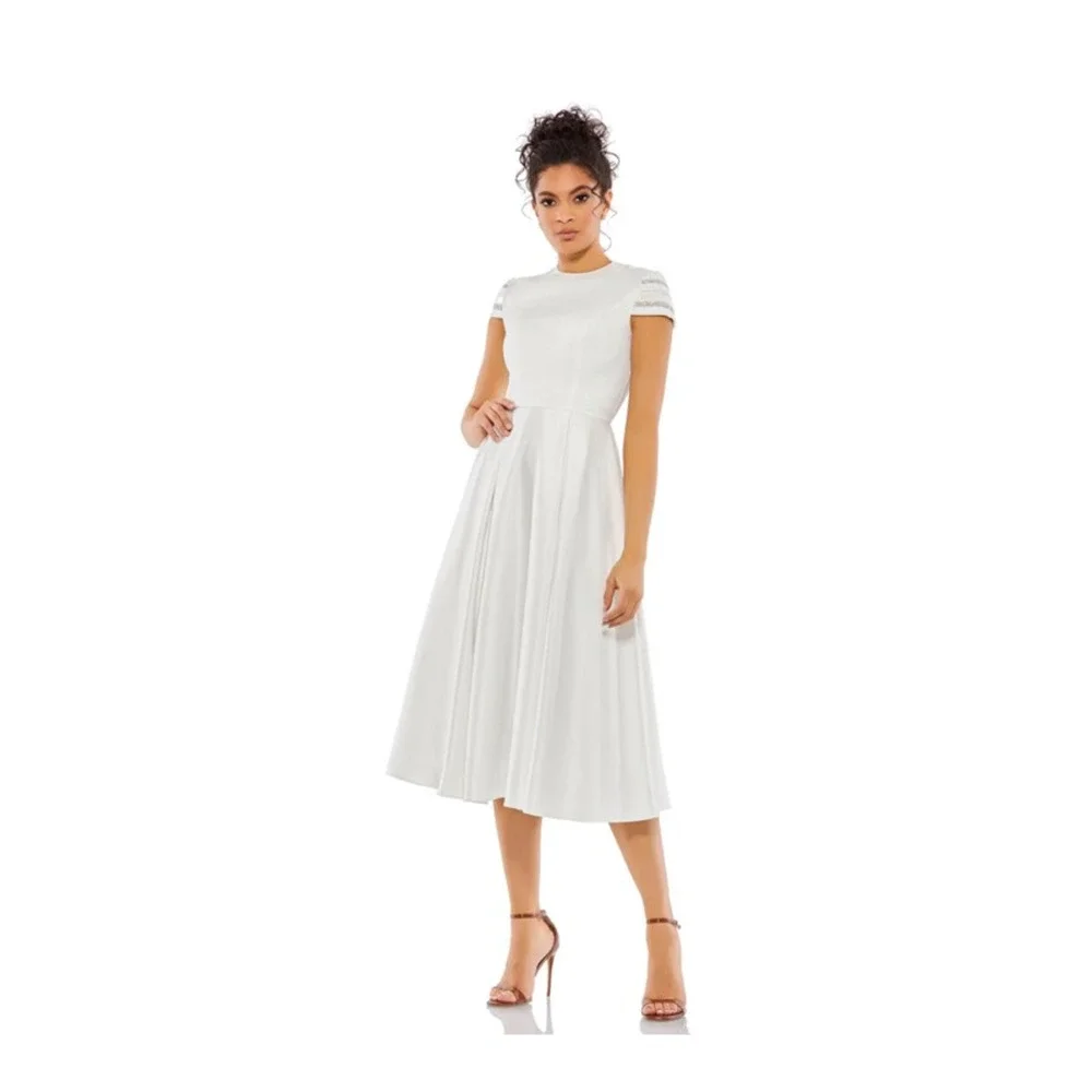 Ieena Mac Duggal A Line Dress Women's 10 White Solid Pleated Midi Cap Sleeve New